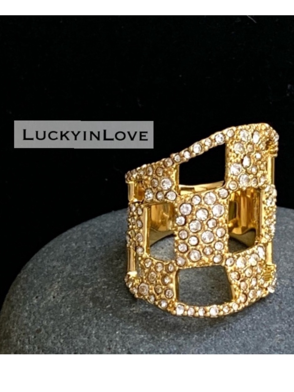 ALEXIS BITTAR • Gold Georgian Checkerboard Pavé Crystal “Diamond” Ring - Picture 2 of 11